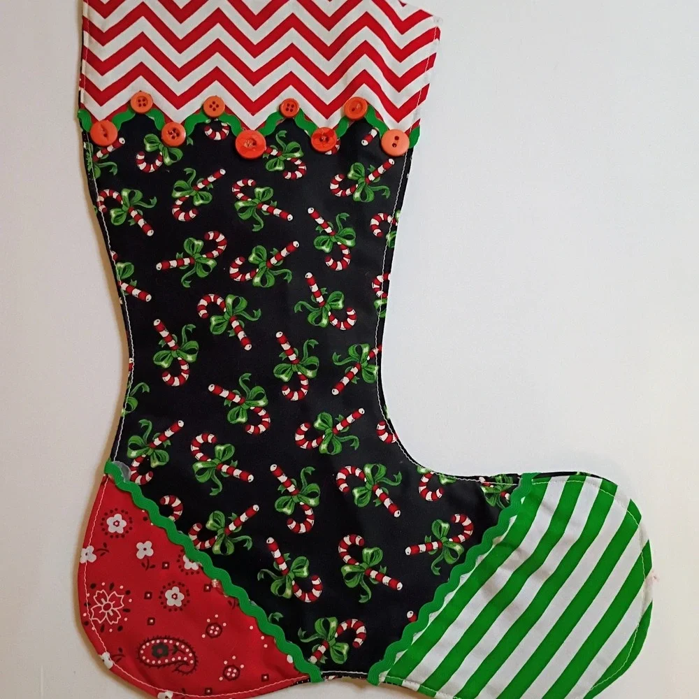 Handmade Christmas Stocking Candy Cane Patchwork Red Green‎ Black Elf Boot Style